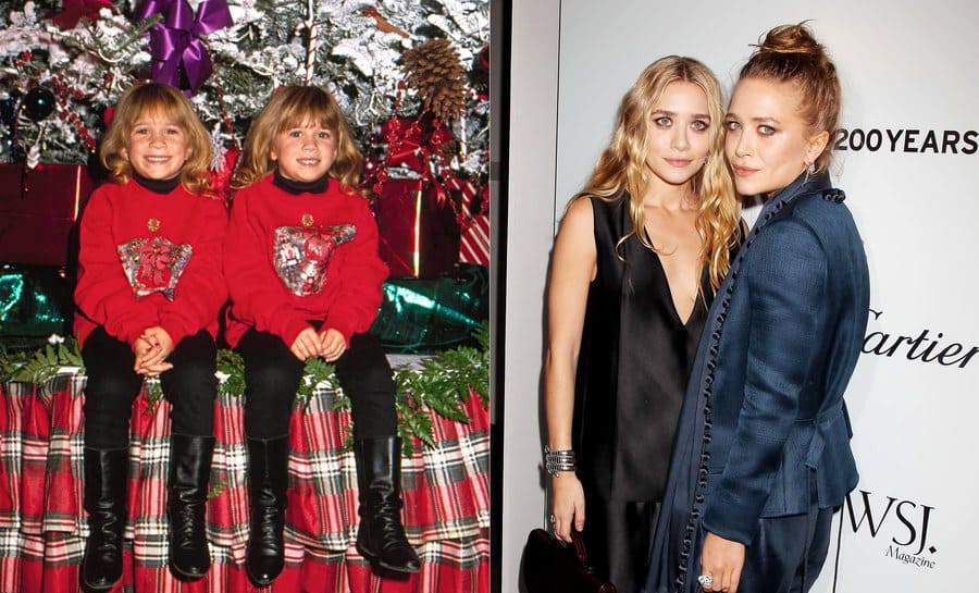 Mary-Kate and Ashley Olsen at the Innovator of the Year Awards in 2012. / Mary-Kate and Ashley Olsen, as children, sitting on a Christmas float.