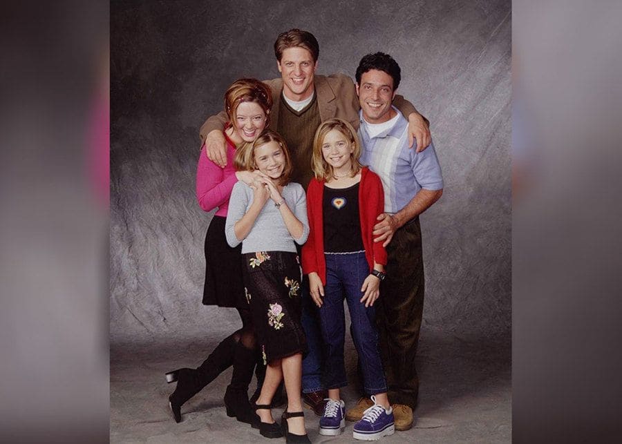 Ashley, Mary-Kate, Christopher Sieber, Sally Wheeler, and David Valcin in Two of a Kind.